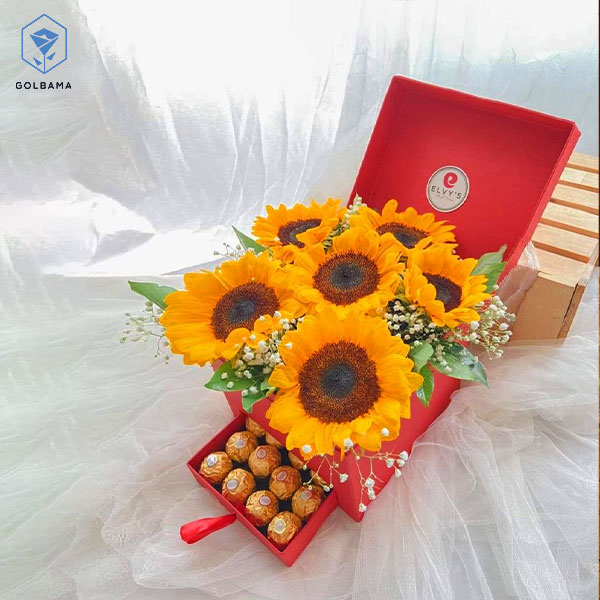 باکس گل و شکلات مردانه با گل آفتاب گردان