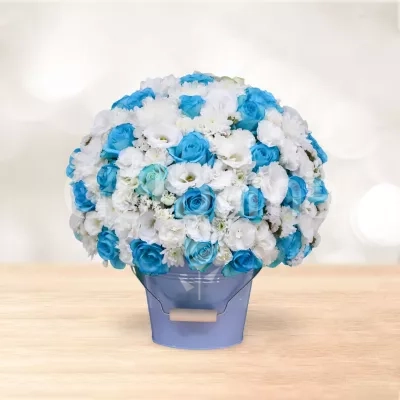 باکس گل رز لیسین توس آبی سفید