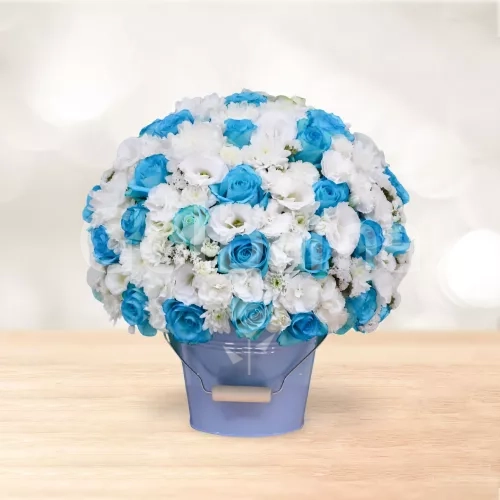 باکس گل رز لیسین توس آبی سفید