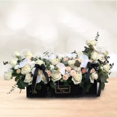 باکس گل مستطیلی رز ارکیده سفید