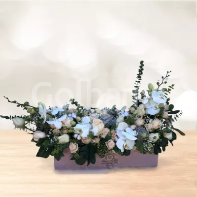 باکس گل مستطیلی رز مینیاتور ارکیده سفید صورتی