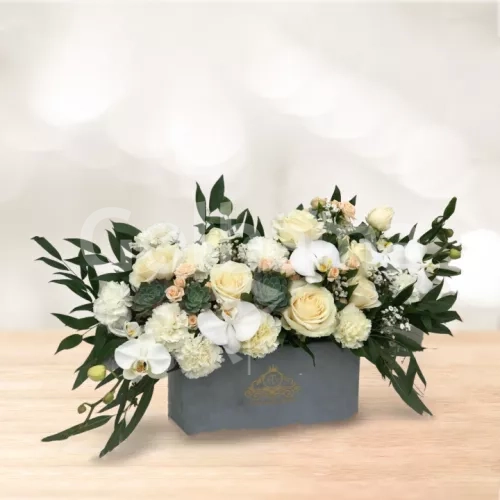 باکس گل مستطیلی متوسط رز ارکیده سفید نباتی