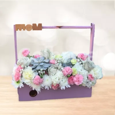 باکس گل چوبی رز داوودی سفید صورتی