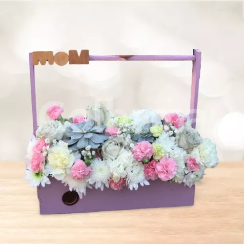 باکس گل چوبی رز داوودی سفید صورتی