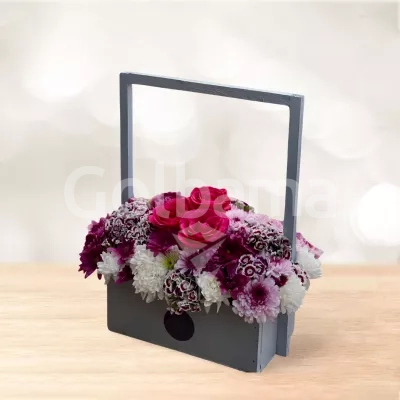 باکس گل چوبی رز قرمز داوودی سفید