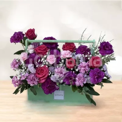 باکس گل چوبی رز قرمز میخک بنفش