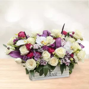 باکس گل چوبی متوسط رز سفید آنتوریوم بنفش