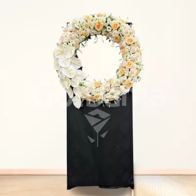 تاج گل ترحیم دایره ای آنتریوم سفید لیسیانتوس