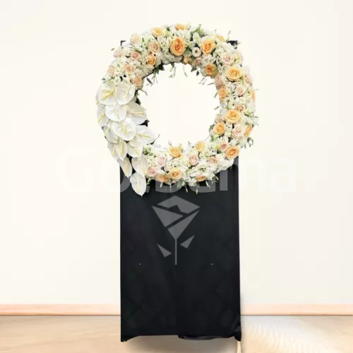 تاج گل ترحیم دایره ای آنتریوم سفید لیسیانتوس