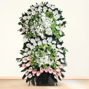 تاج گل تسلیت دو طبقه ارکیده آنتریوم سفید سبز