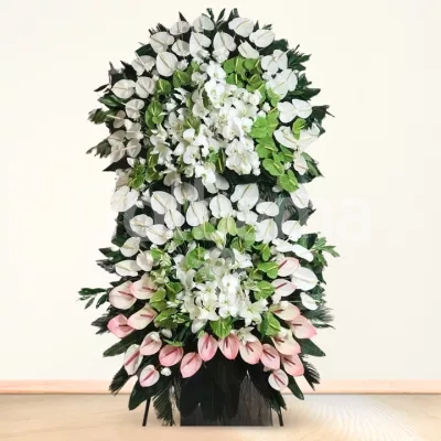 تاج گل تسلیت دو طبقه ارکیده آنتریوم سفید سبز