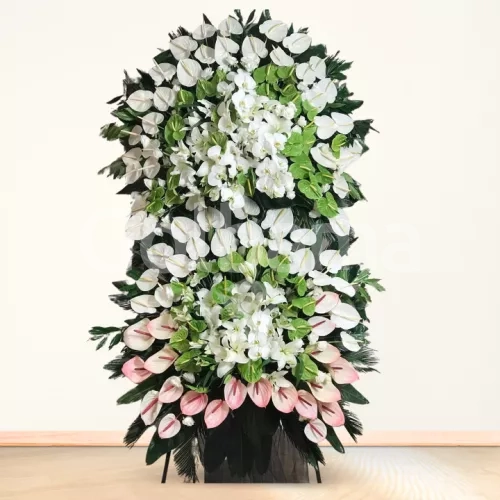 تاج گل تسلیت دو طبقه ارکیده آنتریوم سفید سبز