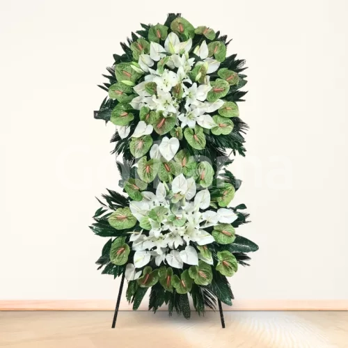 تاج گل تسلیت دو طبقه فلزی اوریانتال آنتوریوم سبز