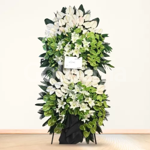 تاج گل تسلیت دوطبقه آنتریوم سبز سفید لیلیوم