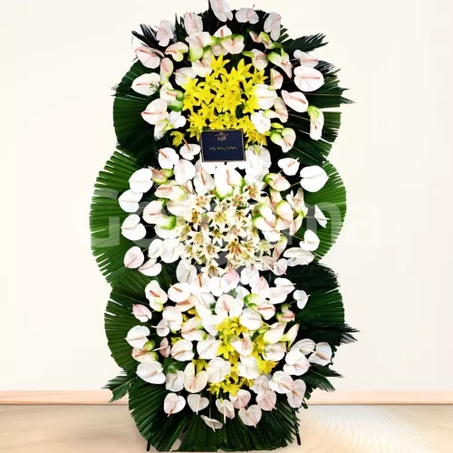 تاج گل تسلیت سه طبقه اورینتال آنتوریوم و لیلیوم