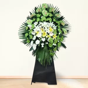 تاج گل تسلیت یک طبقه پایه فلزی آنتوریوم لیلیوم