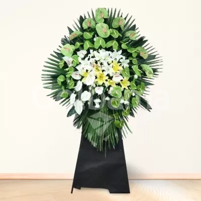 تاج گل تسلیت یک طبقه پایه فلزی آنتوریوم لیلیوم