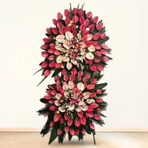 تاج گل دو طبقه پایه فلزی آنتوریوم قرمز