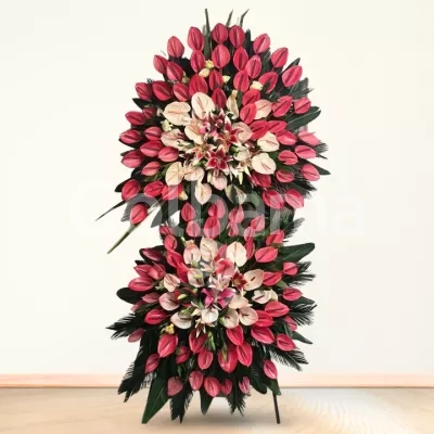 تاج گل دو طبقه پایه فلزی آنتوریوم قرمز