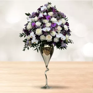 جام گل شیشه ای ارکیده بنفش و رز سفید