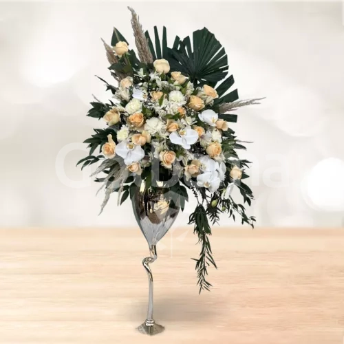 جام گل شیشه ای ارکیده و رز سفید صورتی