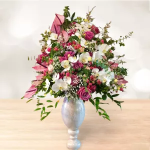 جام گل طرح سنگی رز ارکیده سفید و آنتریوم