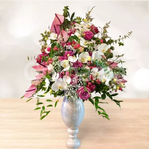 جام گل طرح سنگی رز ارکیده سفید و آنتریوم