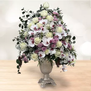 جام گل لاکچری ارکیده سفید رز مینیاتور صورتی