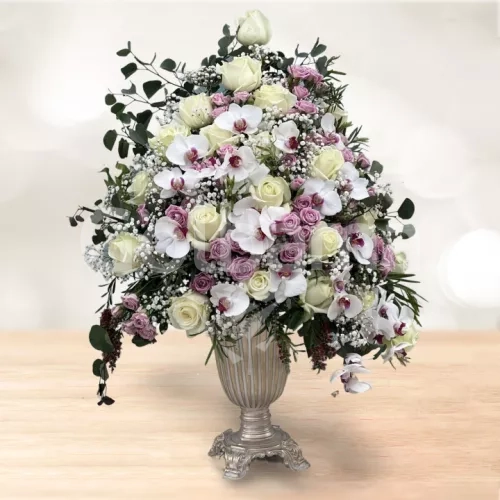 جام گل لاکچری ارکیده سفید رز مینیاتور صورتی