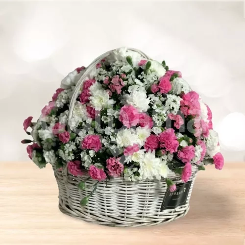 سبد گل داوودی میخک سفید صورتی