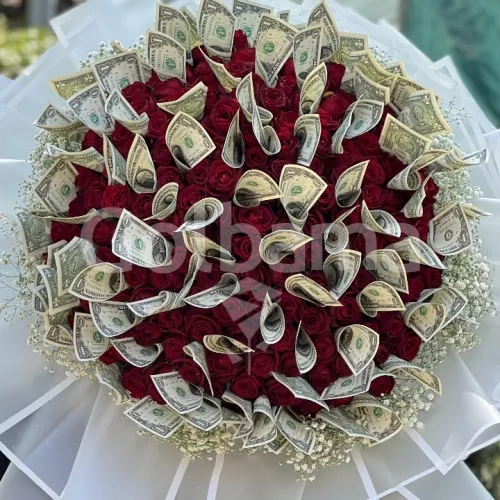دسته گل بزرگ رز همراه پول
