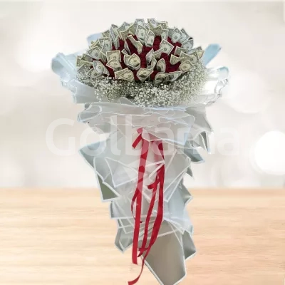 دسته گل بزرگ رز همراه پول