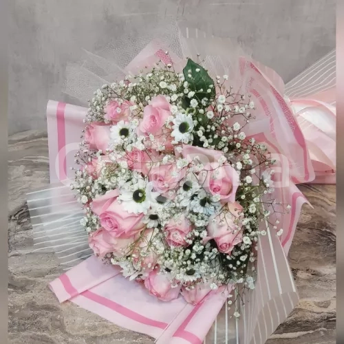 دسته گل رز صورتی داوودی سفید متوسط