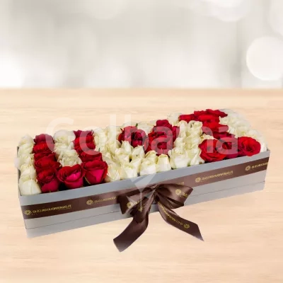 باکس گل رز هلندی سفید قرمز طرح I LOVE YOU