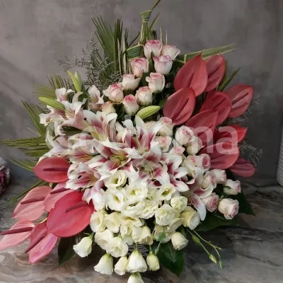 سبد گل اوریانتال رز آنتریوم سفید صورتی