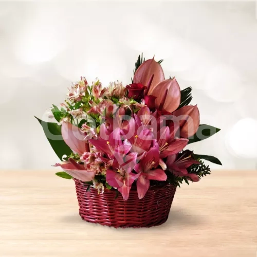 سبد گل رز قرمز لیلیوم بنفش