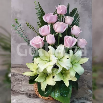 سبد گل لیلیوم رز صورتی زرد کوچک