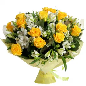 دسته گل آلسترومریا سفید و رز زرد
