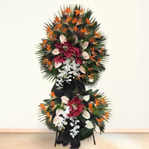 تاج گل تسلیت دو طبقه استرلیتزیا آنتوریوم ارکیده و لیلیوم