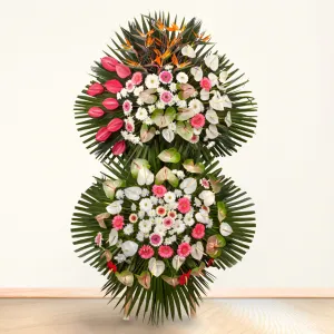 تاج گل تبریک دو طبقه استرلیتزیا آنتوریوم ژربرا و داوودی