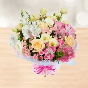 دسته گل رز آلسترومریا سفید صورتی