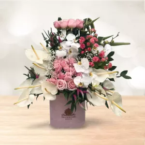 باکس گل استوانه ای رز ارکیده آنتوریوم سفید صورتی