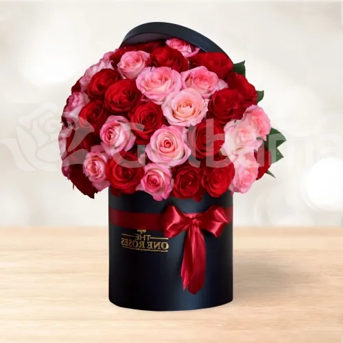 باکس گل استوانه ای رز قرمز صورتی