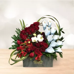 باکس گل رز قرمز ارکیده همراه پول