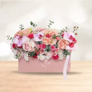 باکس گل متوسط رز ارکیده سفید صورتی