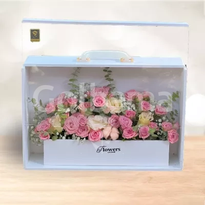 باکس گل چوبی طرح کیف رز صورتی