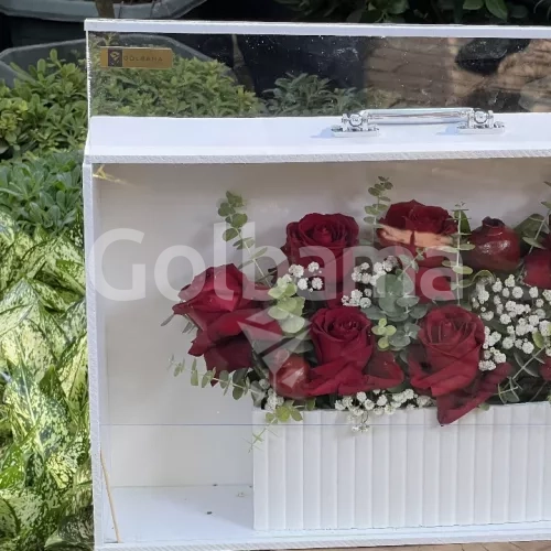 باکس گل چوبی طرح کیف رز قرمز