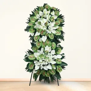 تاج گل تسلیت دو طبقه فلزی اوریانتال آنتوریوم سبز