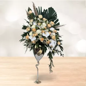 جام گل شیشه ای ارکیده و رز سفید صورتی